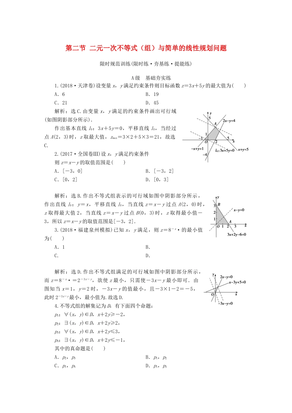 高考数学大一轮复习 第六章 不等式、推理与证明 第二节 二元一次不等式（组）与简单的线性规划问题检测 理 新人教A版-新人教A版高三全册数学试题_第1页