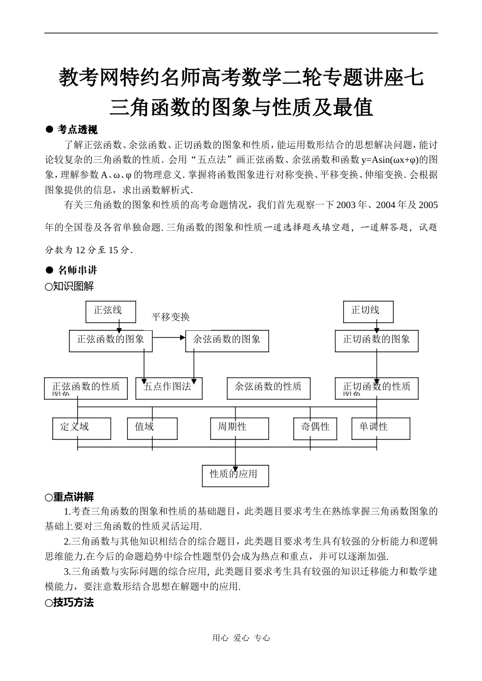 高考数学二轮专题讲座七 三角函数的图象与性质及最值_第1页