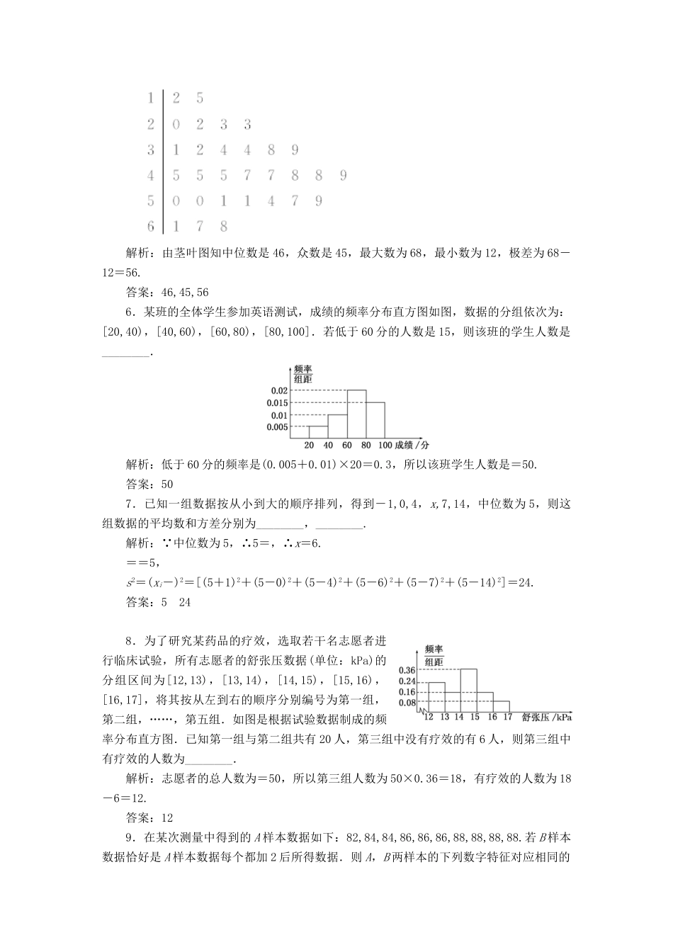高中数学 回扣验收特训（二）统计 苏教版必修3-苏教版高一必修3数学试题_第2页