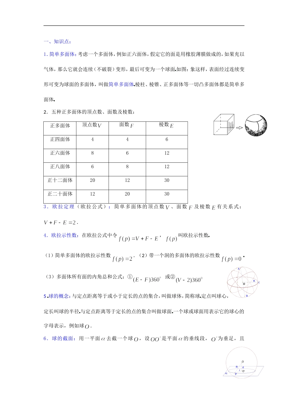 高中数学专题复习立体几何欧拉定理与球_第1页