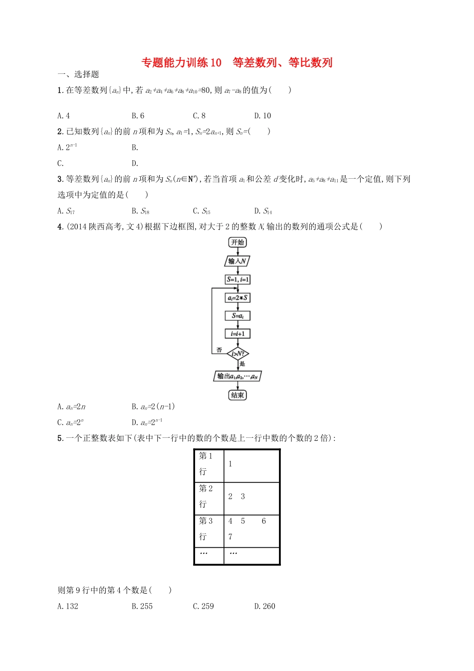 高优指导高考数学二轮复习 专题能力训练10 等差数列、等比数列 文-人教版高三全册数学试题_第1页