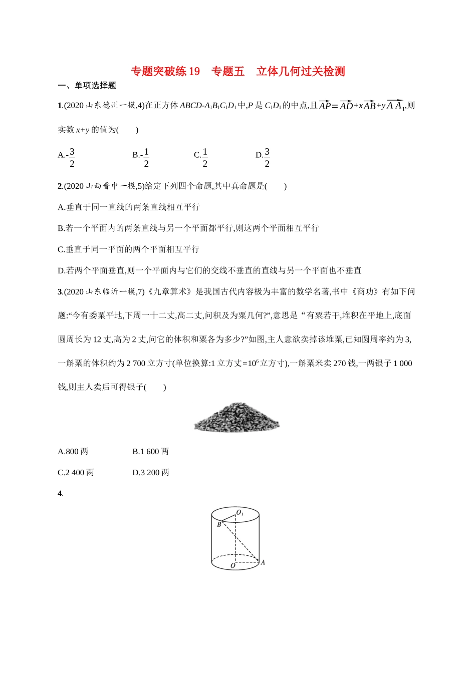 新高考数学二轮总复习 专题突破练19 专题五 立体几何过关检测（含解析）-人教版高三全册数学试题_第1页