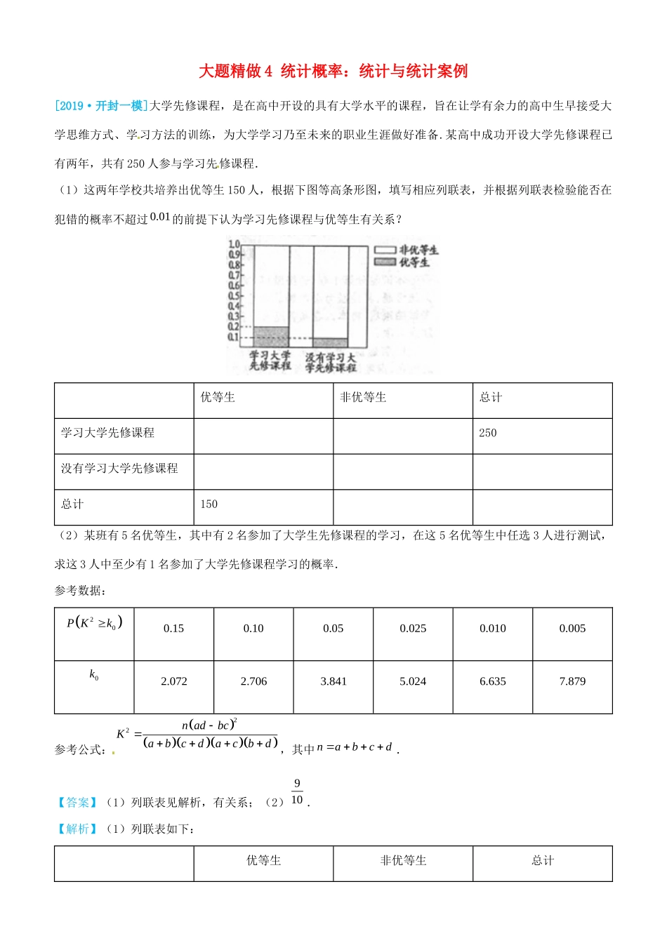 高考数学三轮冲刺 大题提分 大题精做4 统计概率：统计与统计案例 文-人教版高三全册数学试题_第1页