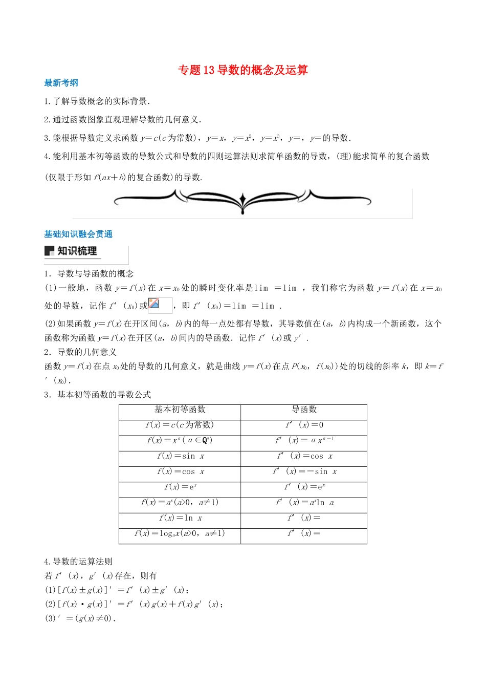 高考数学一轮复习 专题13 导数的概念及运算（含解析）-人教版高三全册数学试题_第1页