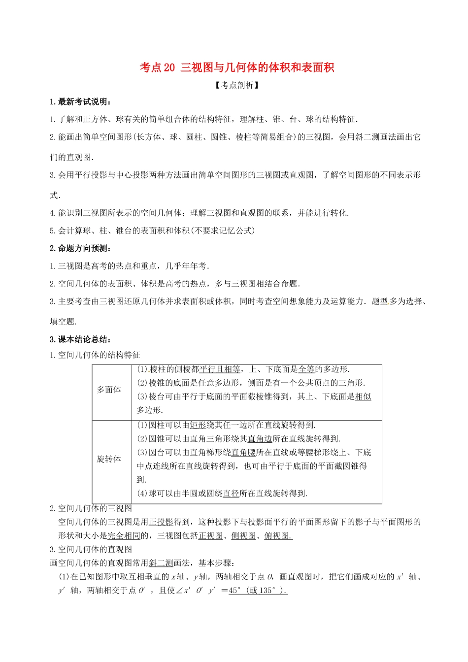 高考数学 黄金考点精析精训 考点20 三视图与几何体的体积和表面积 文-人教版高三全册数学试题_第1页