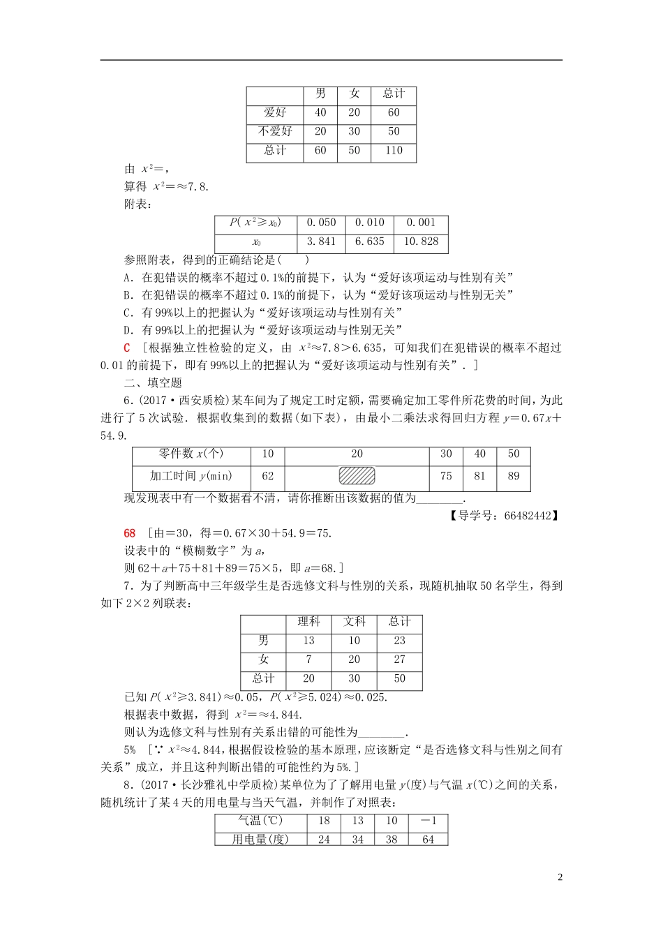 高考数学一轮复习 第9章 算法初步、统计与统计案例 第4节 相关性、最小二乘估计与统计案例课时分层训练 文 北师大版-北师大版高三全册数学试题_第2页