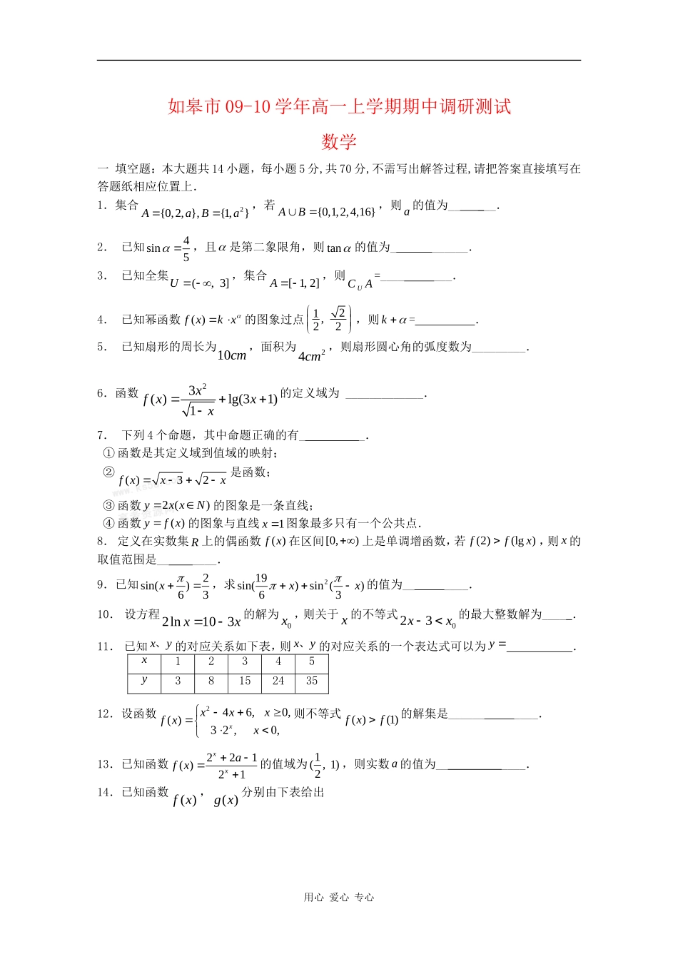 江苏省如皋市09-10学年高一数学上学期期中调研测试 苏教版_第1页