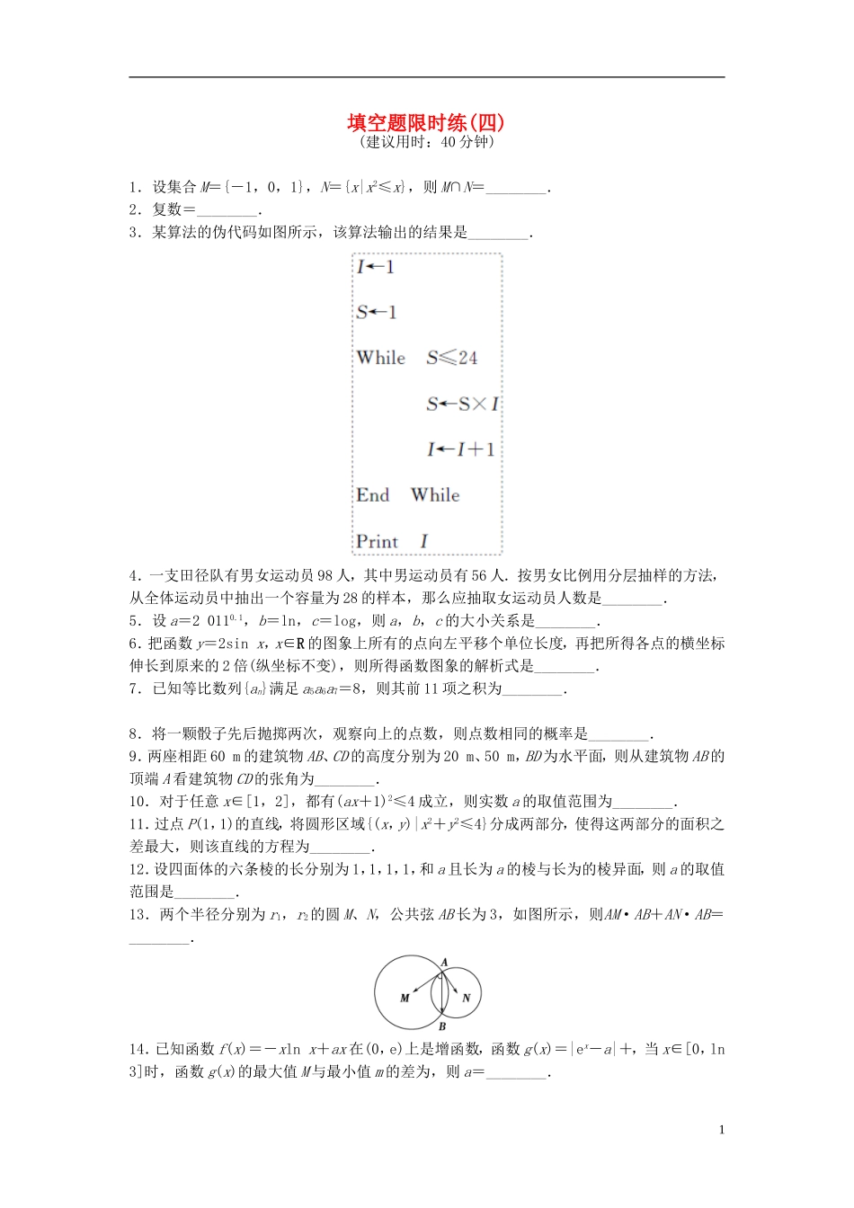 江苏省高三数学专题复习 填空题限时练（4）文-人教版高三全册数学试题_第1页