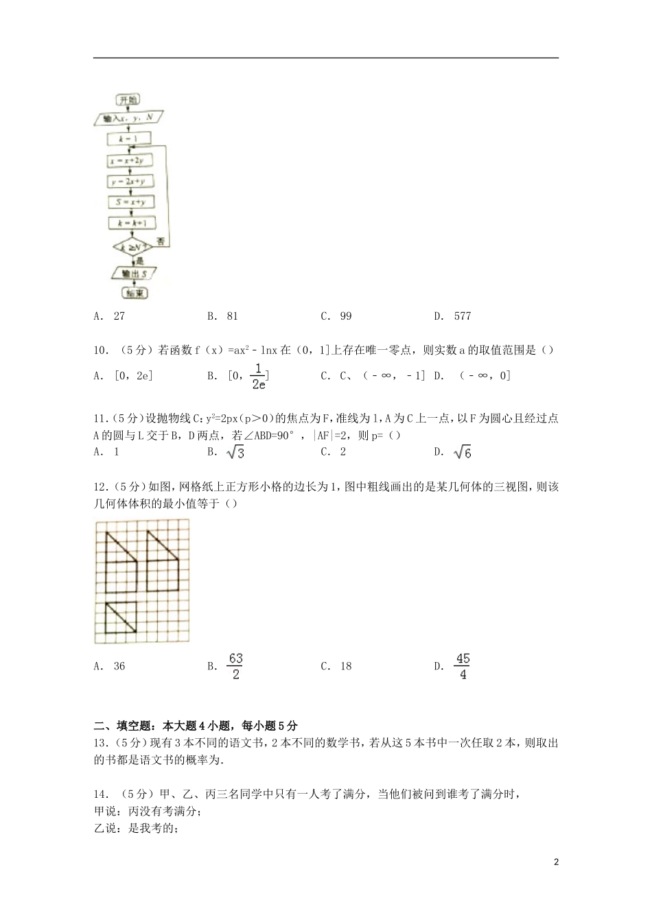 云南省昆明一中高三数学上学期摸底试卷 文（含解析）-人教版高三全册数学试题_第2页