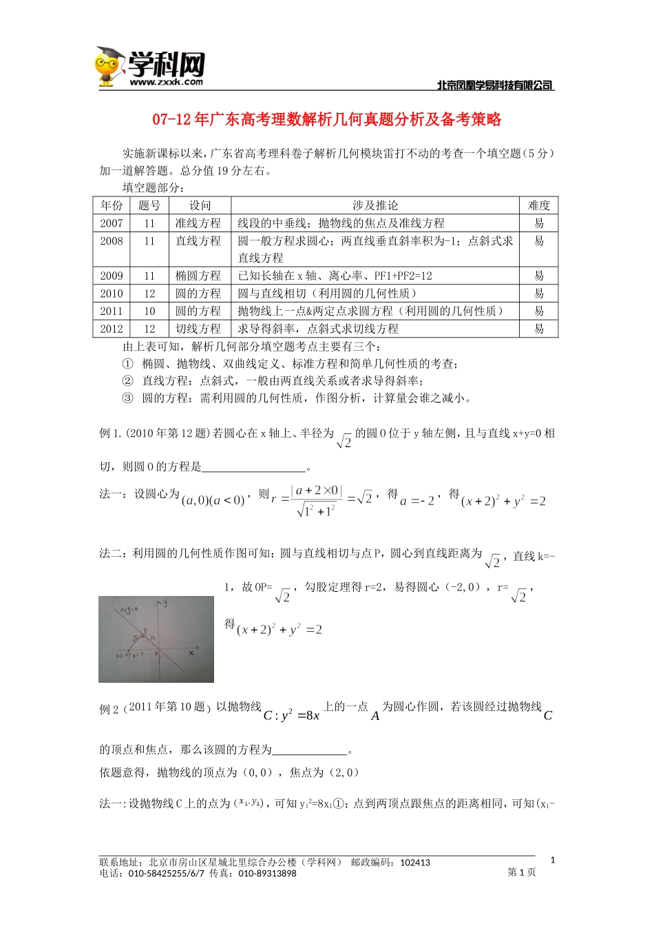 广东省07-12年高考数学 解析几何真题分析及备考策略 理 新人教版_第1页