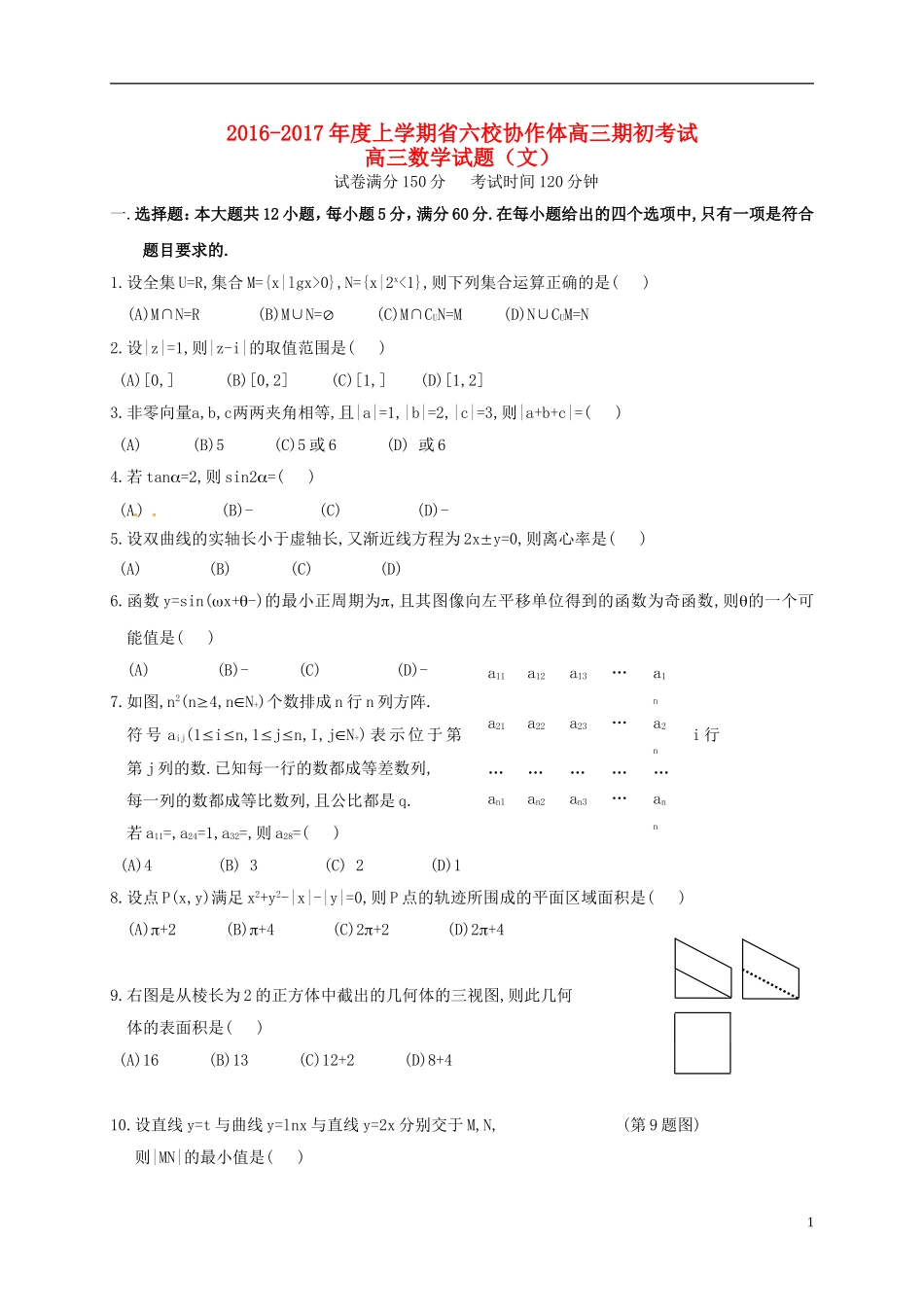 辽宁省葫芦岛市六校协作体高三数学上学期期初考试试题 文-人教版高三全册数学试题_第1页