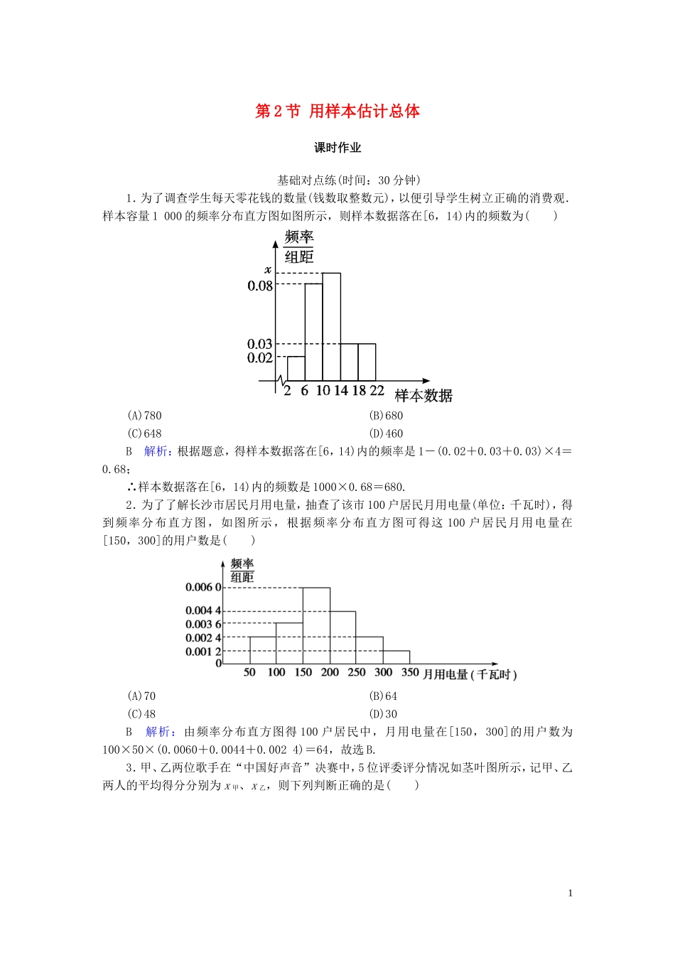 高考数学一轮复习 第九篇 统计与统计案例 第2节 用样本估计总体课时作业 文（含解析）新人教A版-新人教A版高三全册数学试题_第1页