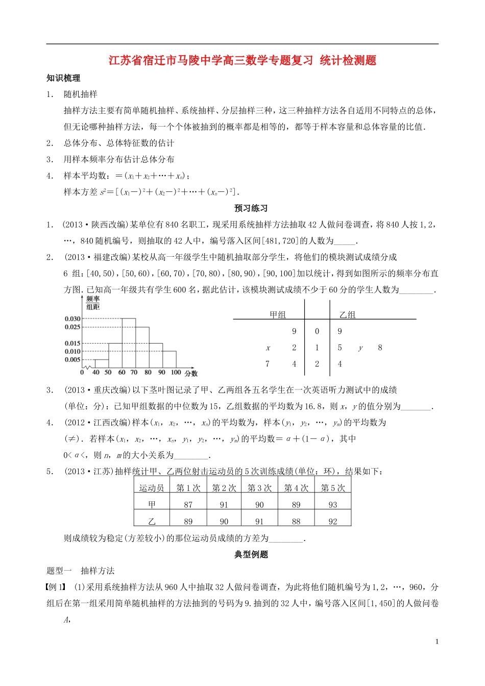 江苏省宿迁市马陵中学高三数学专题复习 统计检测题_第1页