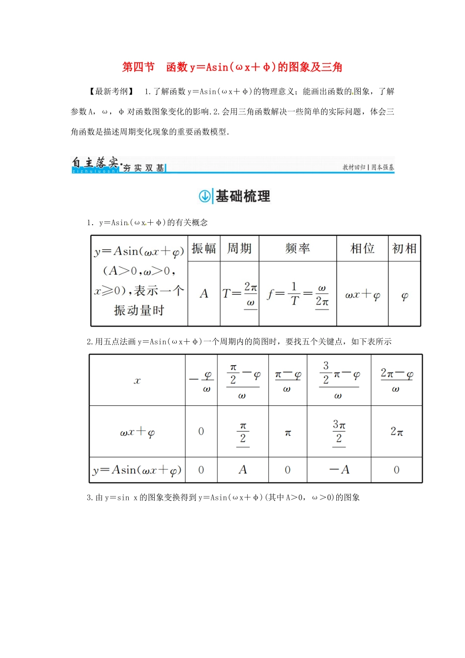 高考数学一轮总复习 第三章 三角函数、解三角形 第四节 函数y＝Asin(ωx＋φ)的图象及三角练习 文-人教版高三全册数学试题_第1页