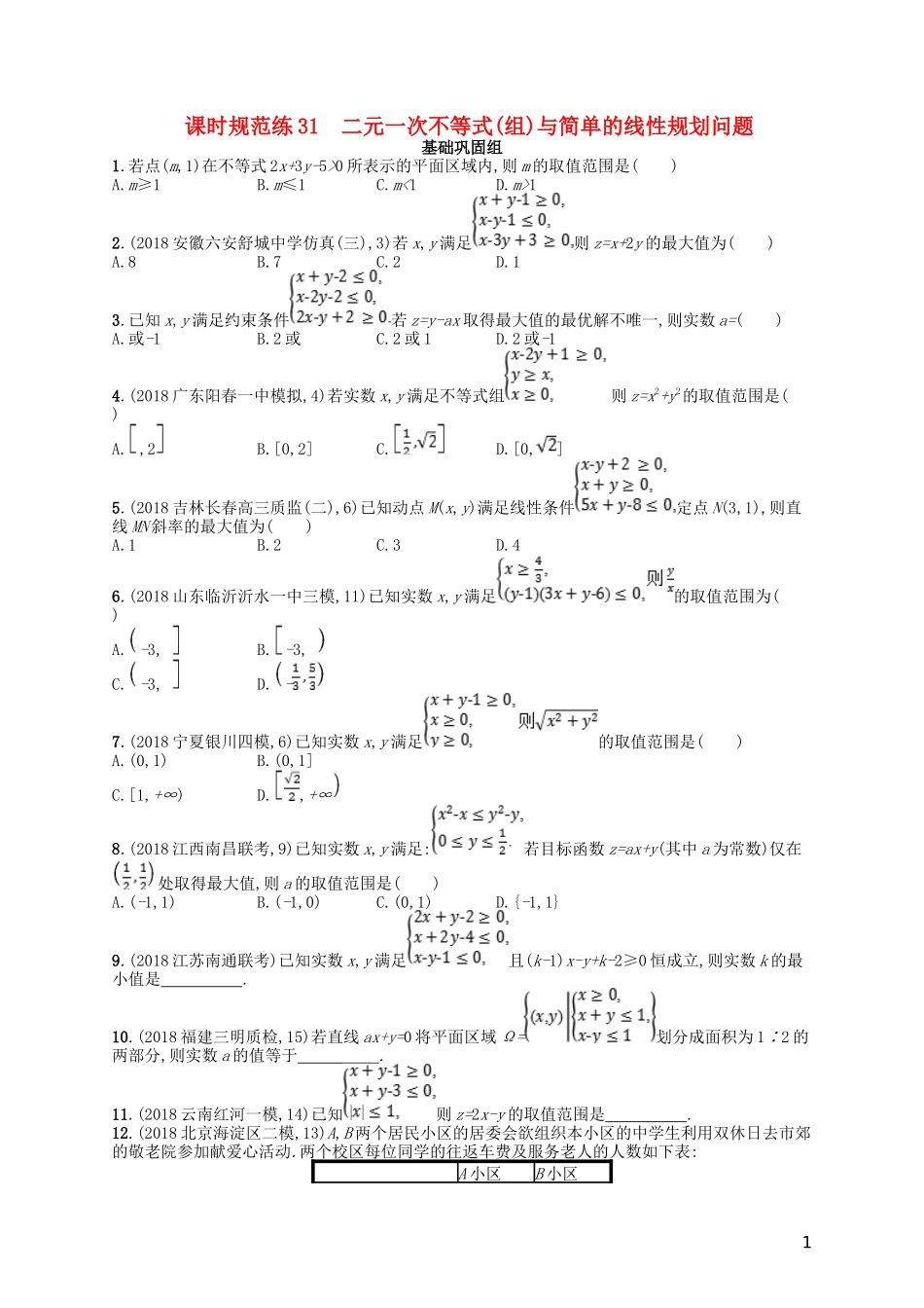 高考数学一轮复习 第七章 不等式、推理与证明 课时规范练31 二元一次不等式(组)与简单的线性规划问题 文 北师大版-北师大版高三全册数学试题_第1页