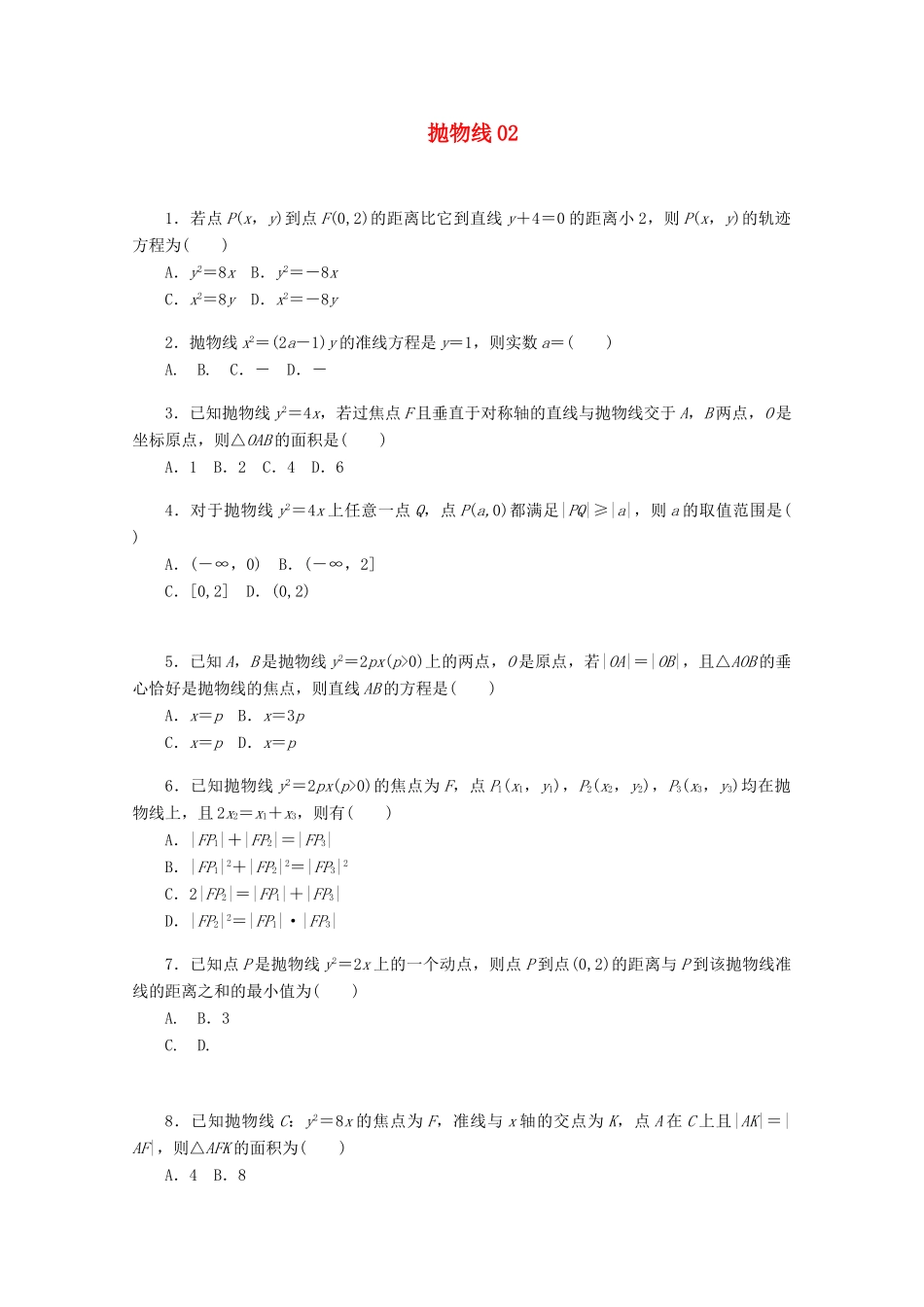 高考数学一轮复习 抛物线02基础知识检测 理-人教版高三全册数学试题_第1页