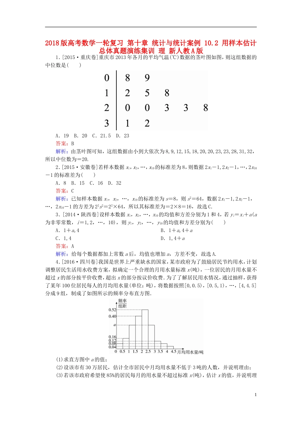 高考数学一轮复习 第十章 统计与统计案例 10.2 用样本估计总体真题演练集训 理 新人教A版-新人教A版高三全册数学试题_第1页