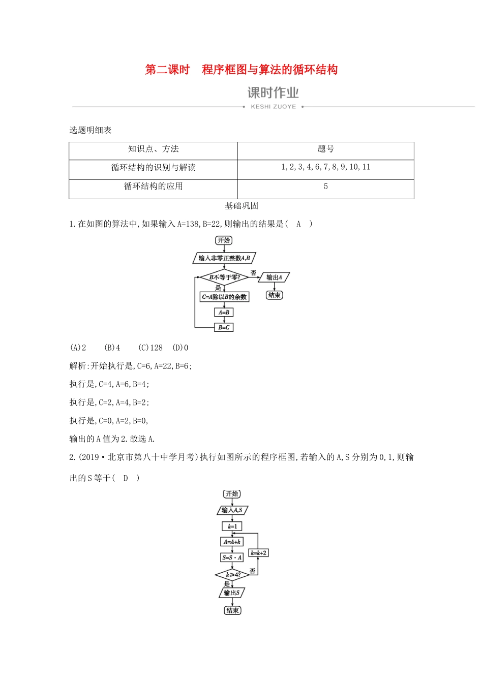高中数学 第一章 算法初步 1.1.2 程序框图与算法的基本逻辑结构 第二课时 程序框图与算法的循环结构课时作业 新人教A版必修3-新人教A版高一必修3数学试题_第1页