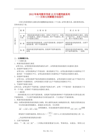 高考数学 考前15天专题突破系列——立体几何解题方法技巧