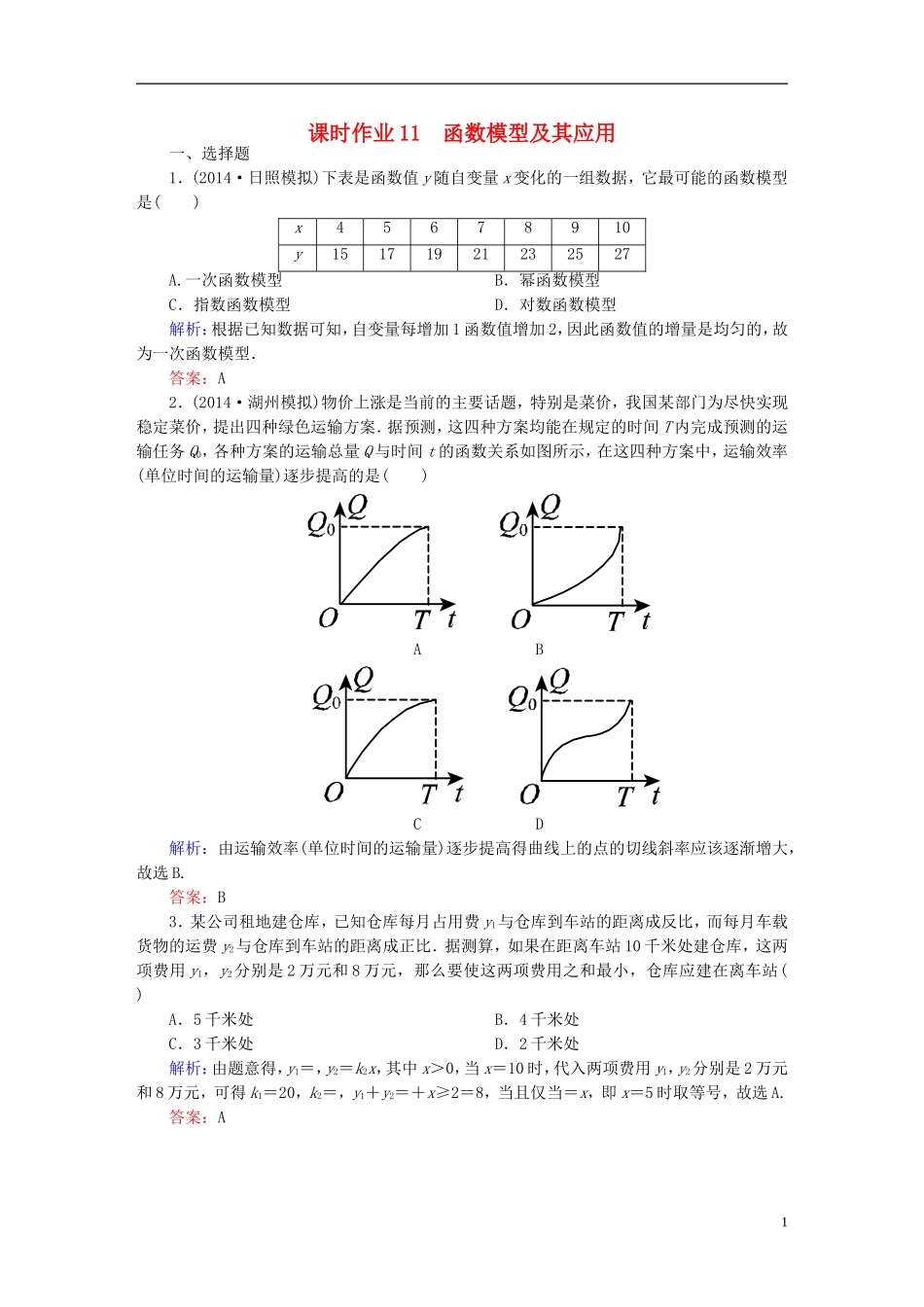 雄关漫道系列高考数学一轮总复习 1.11函数模型及其应用课时作业 文（含解析）新人教版-新人教版高三全册数学试题_第1页