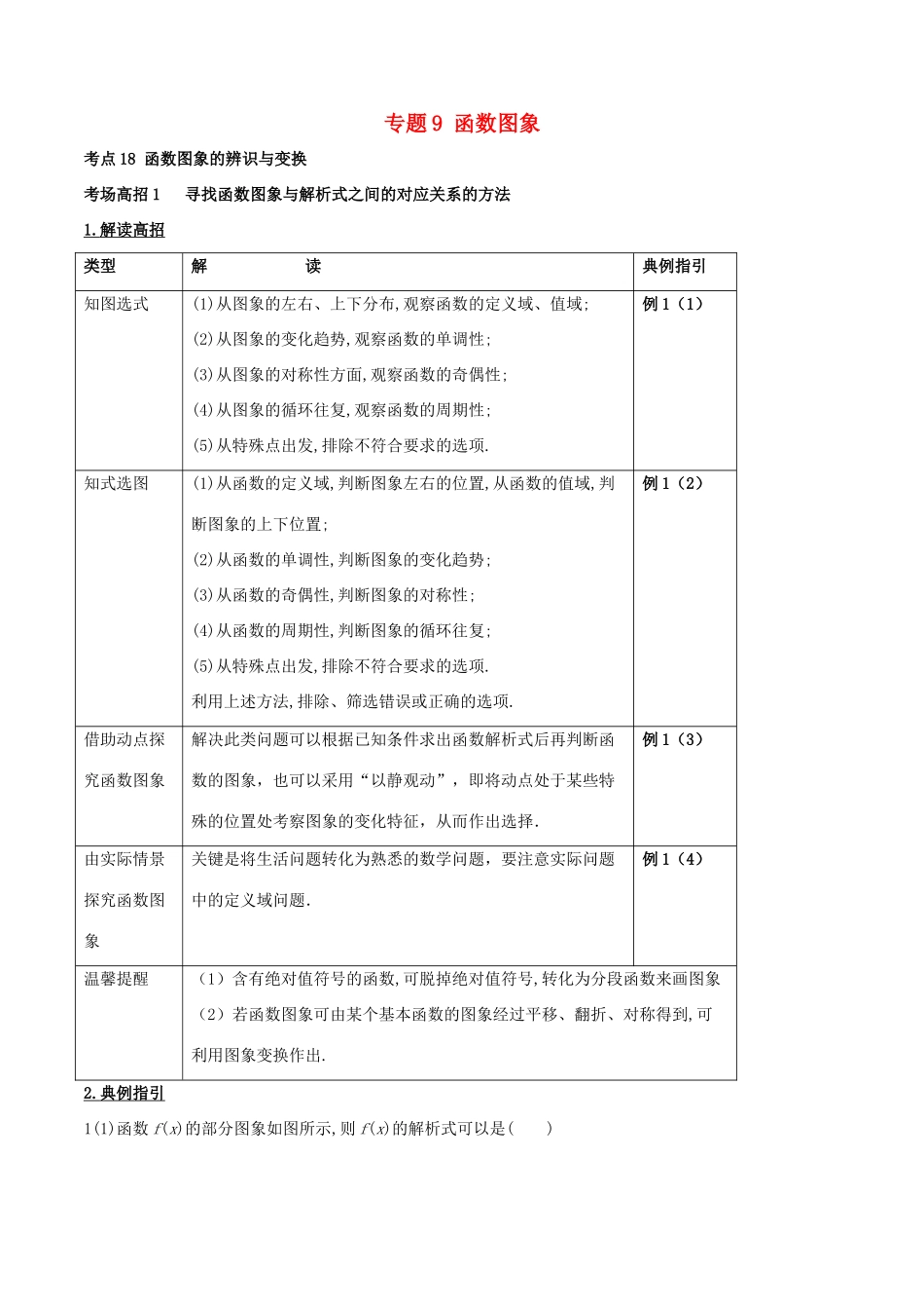 高考数学 第二章 函数概念与基本初等函数 专题9 函数图象考场高招大全-人教版高三全册数学试题_第1页