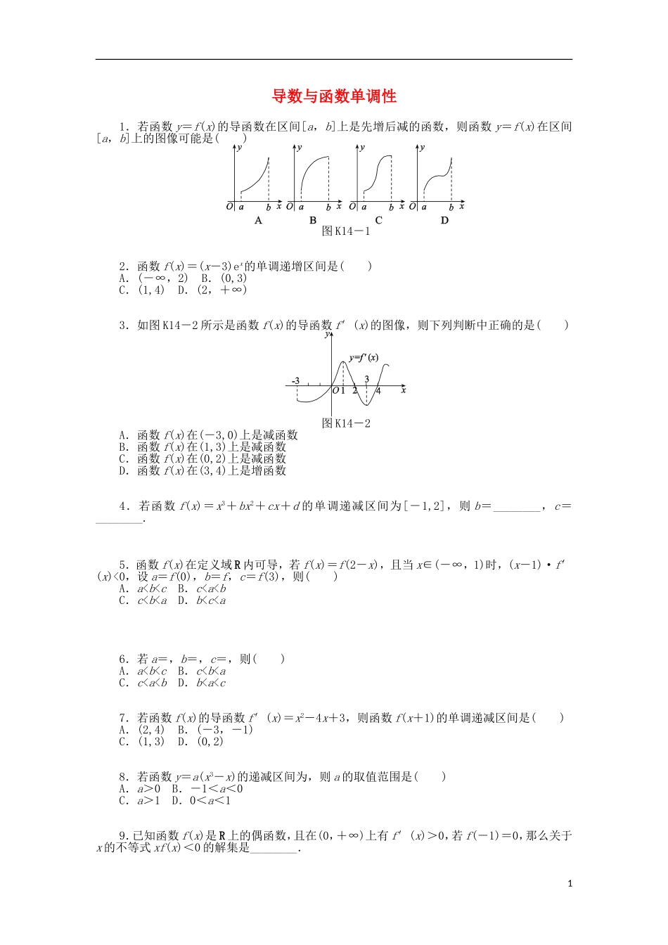高考数学一轮复习 导数与函数单调性基础知识检测 文-人教版高三全册数学试题_第1页
