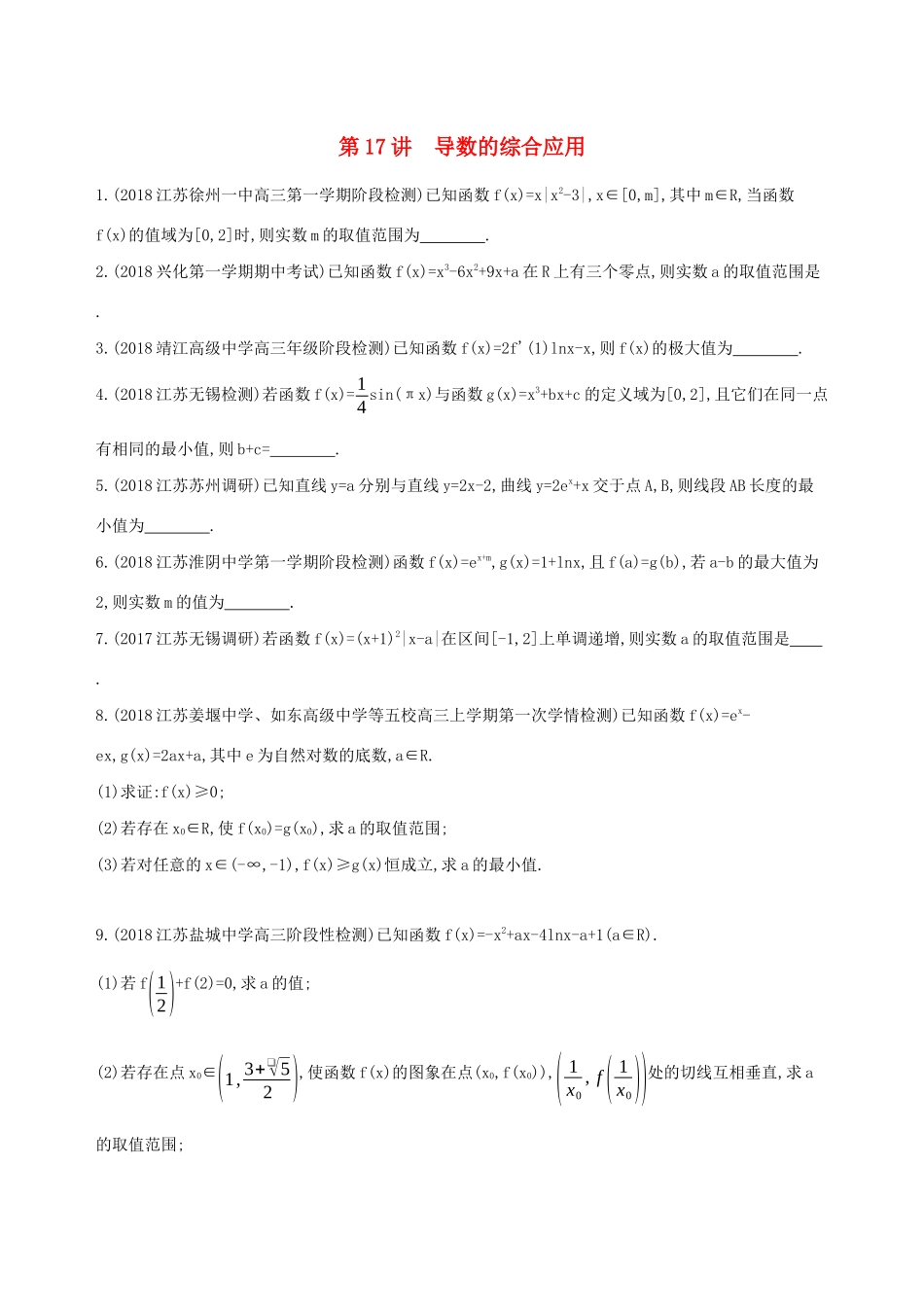 江苏省高考数学二轮复习 第17讲 导数的综合应用冲刺作业-人教版高三全册数学试题_第1页