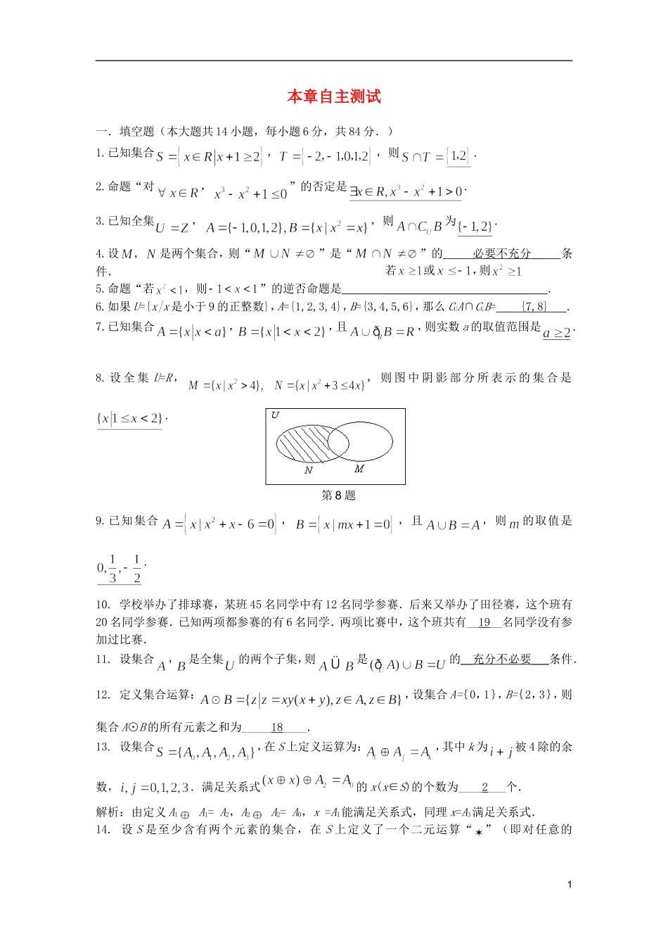 高考数学 考前最后一轮基础知识巩固之第一章测试_第1页