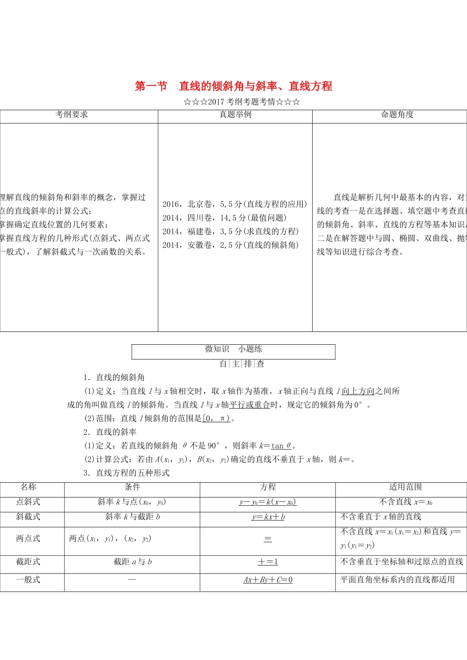 高考数学大一轮复习 第八章 解析几何 第一节 直线的倾斜角与斜率、直线方程教师用书 理-人教版高三全册数学试题_第1页