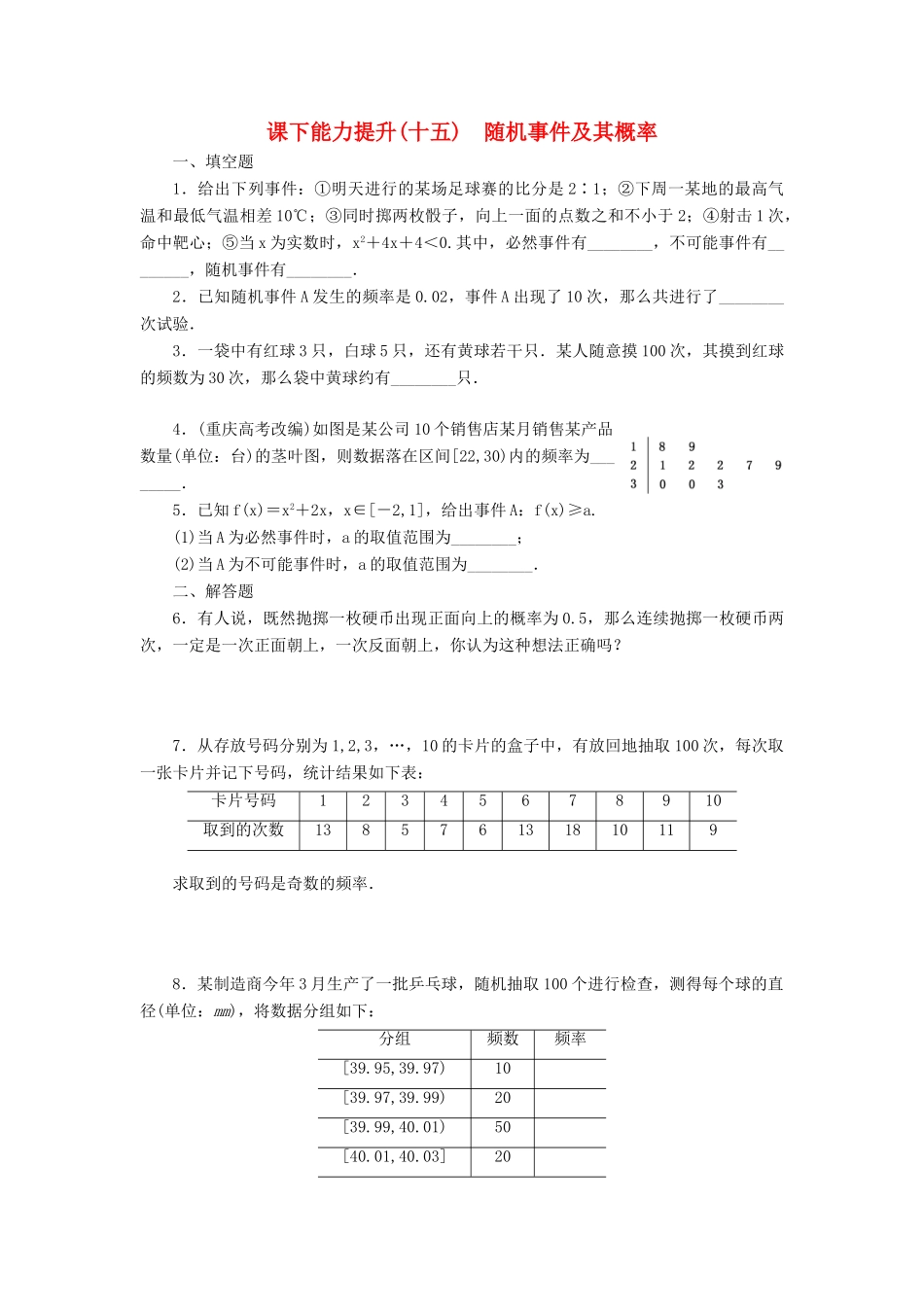 高中数学 课下能力提升（十五）随机事件及其概率 苏教版必修3-苏教版高一必修3数学试题_第1页