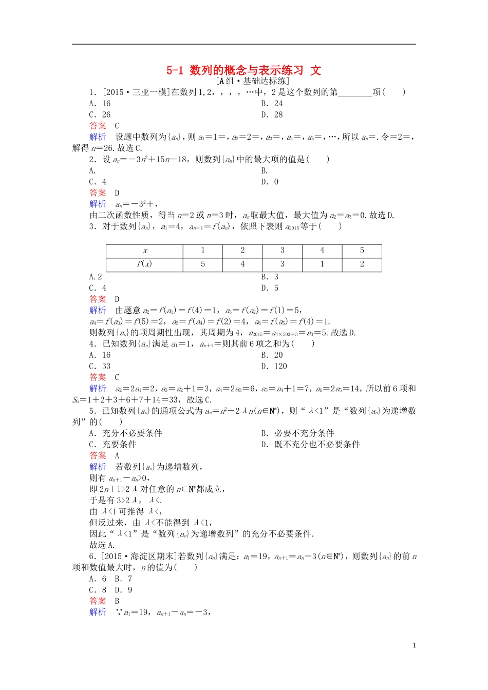 高考数学一轮复习 第五章 数列 5-1 数列的概念与表示练习 文-人教版高三全册数学试题_第1页
