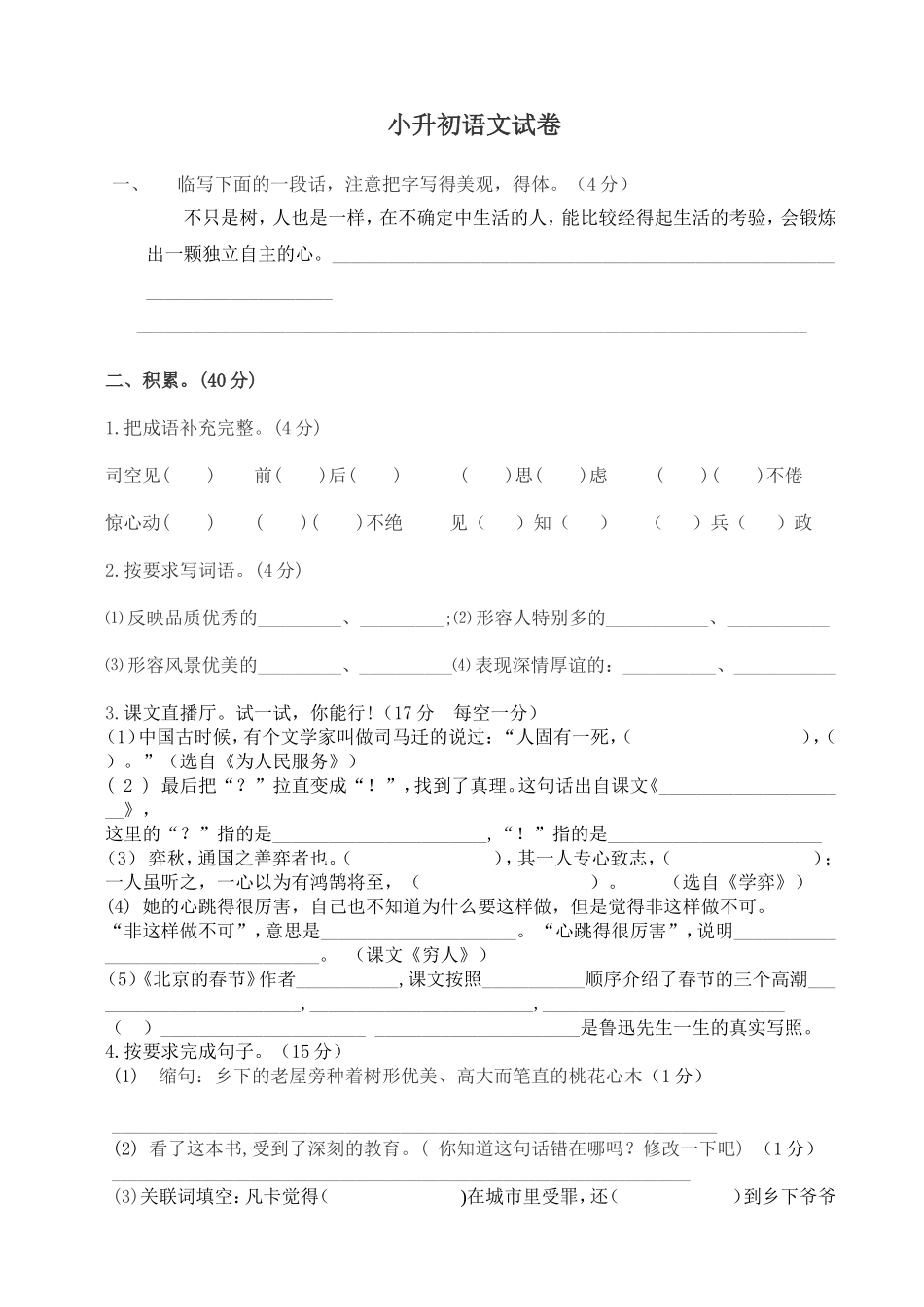 小升初语文试卷_第1页