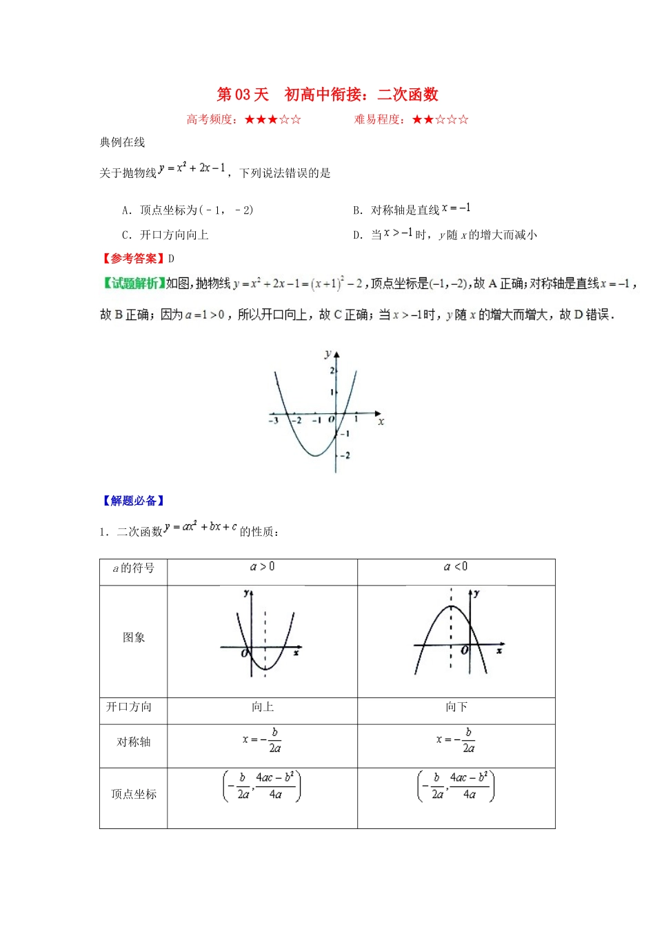 高中数学 每日一题之快乐暑假 第03天 初高中衔接：二次函数（含解析）新人教A版-新人教A版高一全册数学试题_第1页