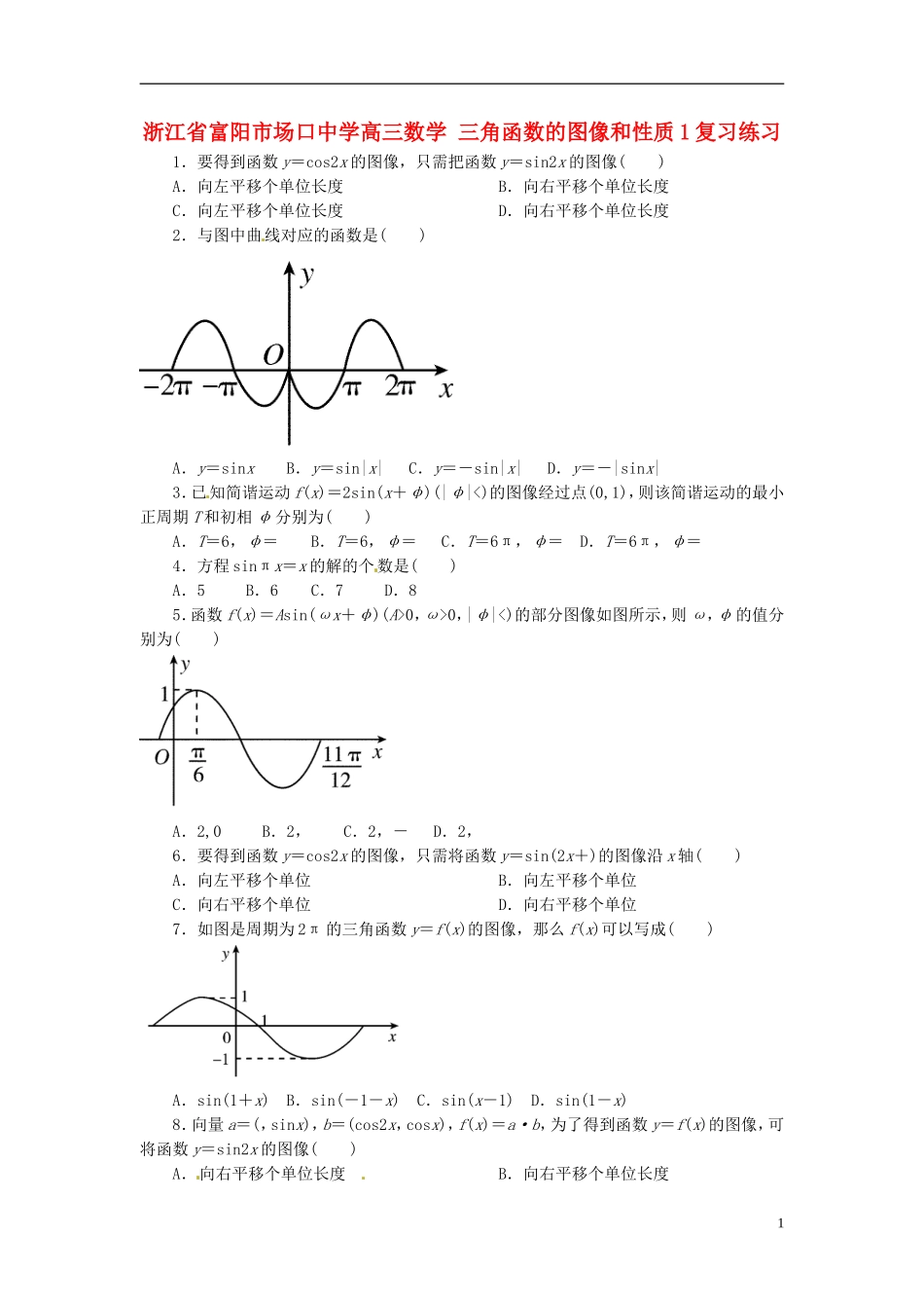 浙江省富阳市场口中学高三数学 三角函数的图像和性质复习练习1_第1页