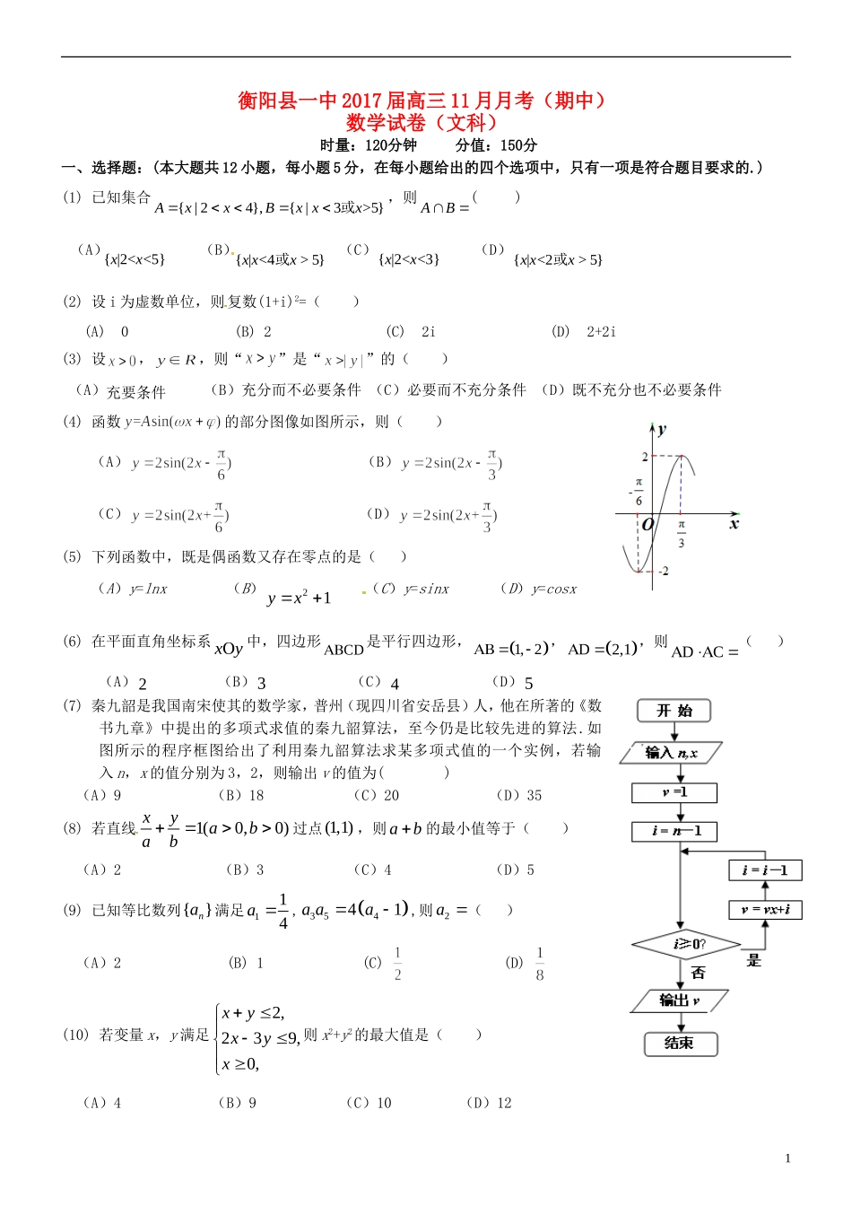 湖南省衡阳县一中高三数学11月月考（期中）试题 文-人教版高三全册数学试题_第1页