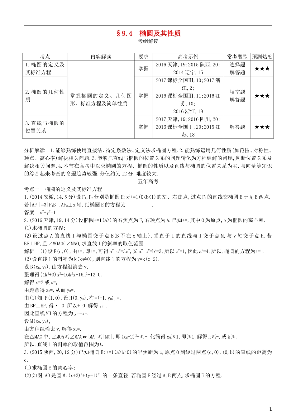 高考数学一轮复习 第九章 平面解析几何 9.4 椭圆及其性质练习 理-人教版高三全册数学试题_第1页