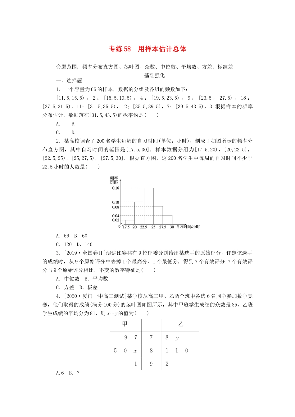 高考数学一轮复习 专练58 用样本估计总体（含解析）理 新人教版-新人教版高三全册数学试题_第1页