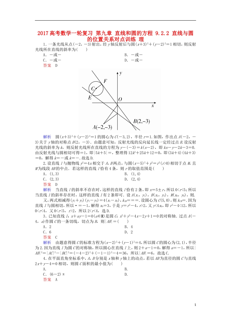 高考数学一轮复习 第九章 直线和圆的方程 9.2.2 直线与圆的位置关系对点训练 理-人教版高三全册数学试题_第1页