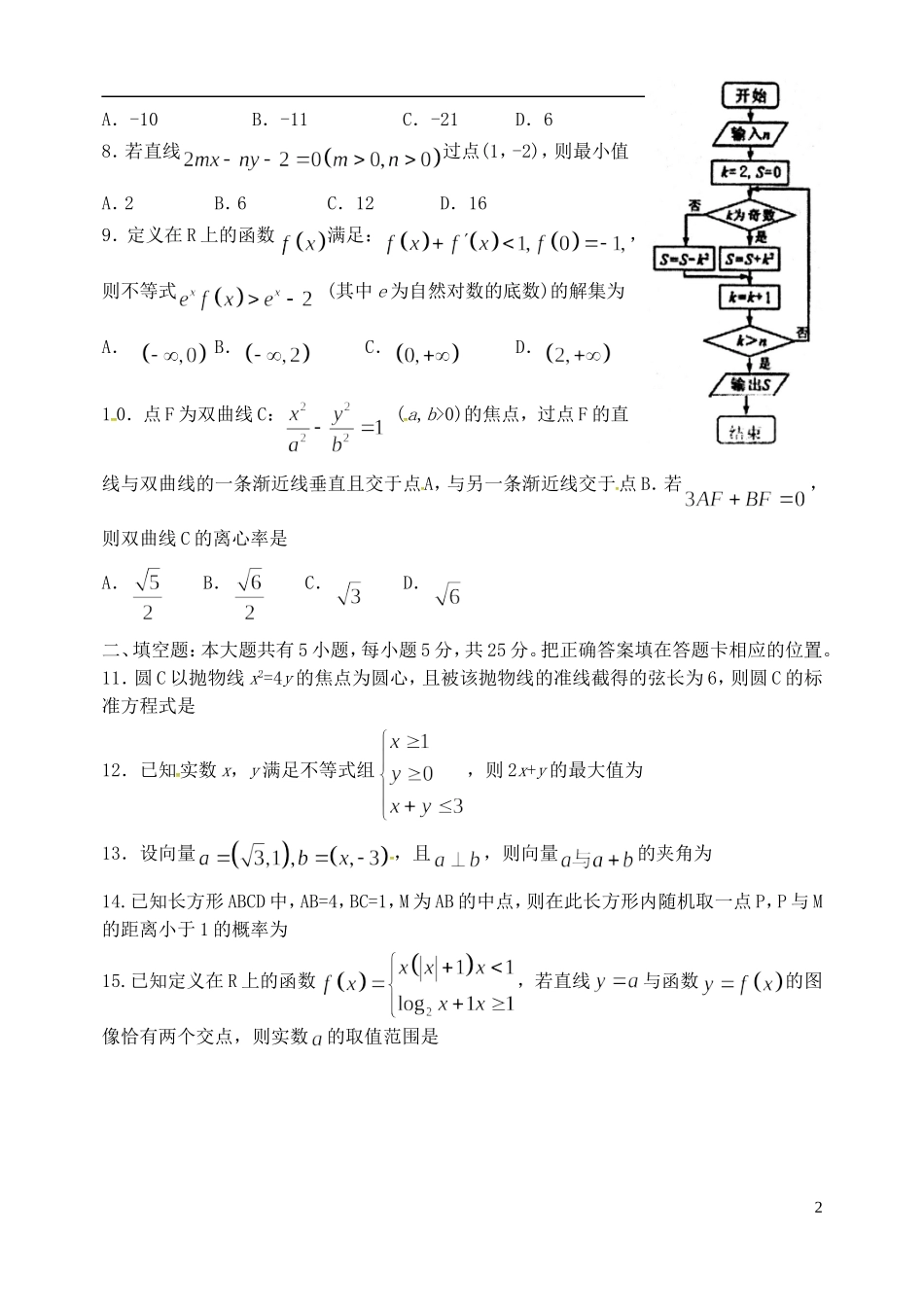 山东省烟台市高三数学下学期适应性练习（二模）试题（一）文-人教版高三全册数学试题_第2页