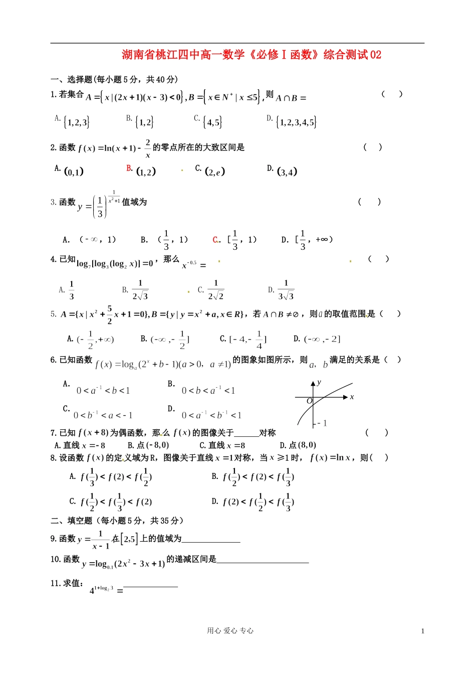 湖南省桃江四中高一数学《必修Ⅰ函数》综合测试02_第1页