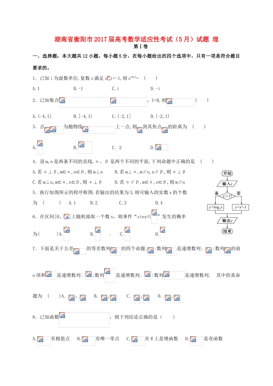 湖南省衡阳市高考数学适应性考试（5月）试题 理-人教版高三全册数学试题_第1页