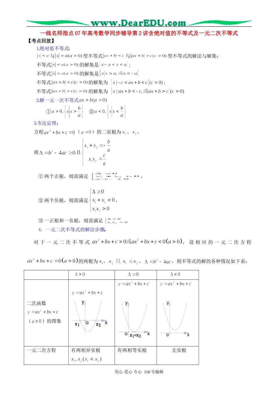 一线名师指点07年高考数学同步辅导第2讲含绝对值的不等式及一元二次不等式_第1页