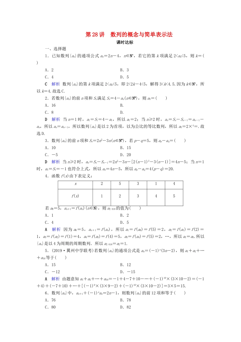 高考数学大一轮复习 第五章 数列 第28讲 数列的概念与简单表示法课时达标 理（含解析）新人教A版-新人教A版高三全册数学试题_第1页