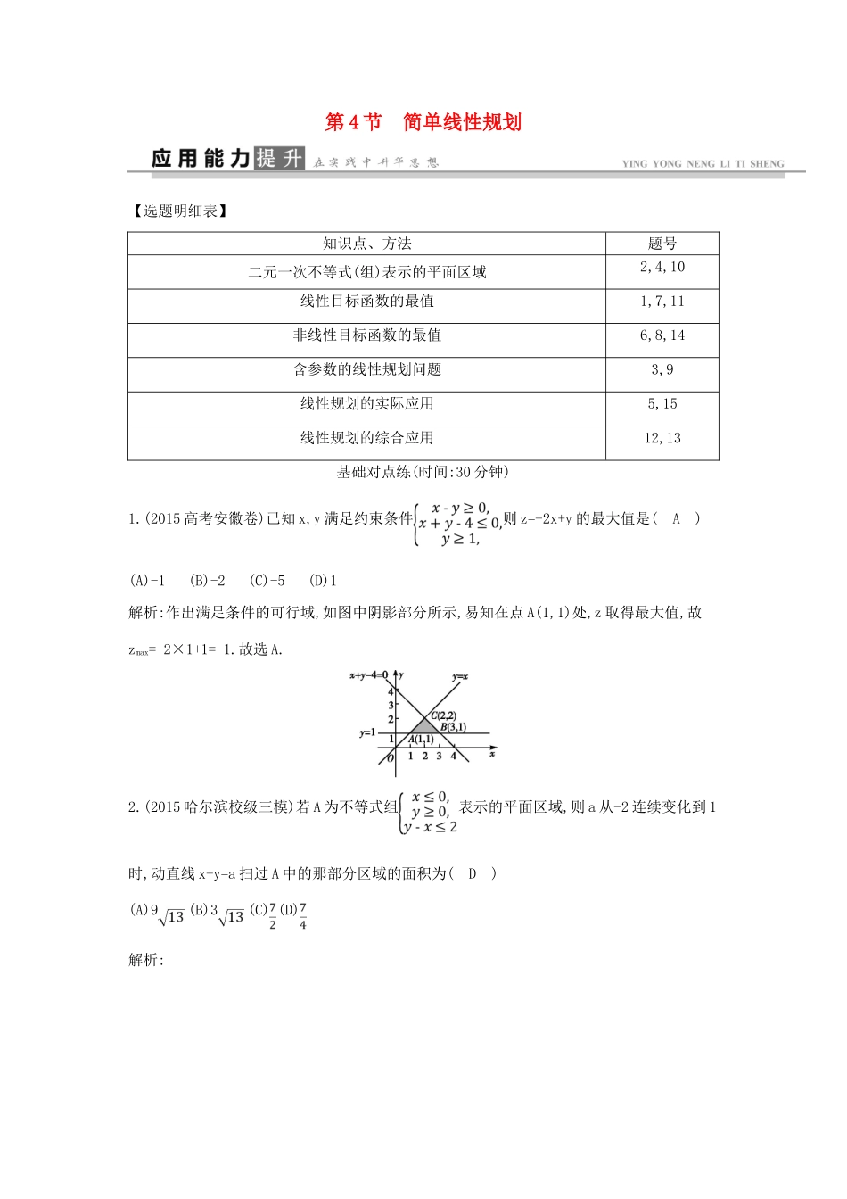 高考数学一轮复习 必考部分 第六篇 不等式 第4节 简单线性规划应用能力提升 文 北师大版-北师大版高三全册数学试题_第1页