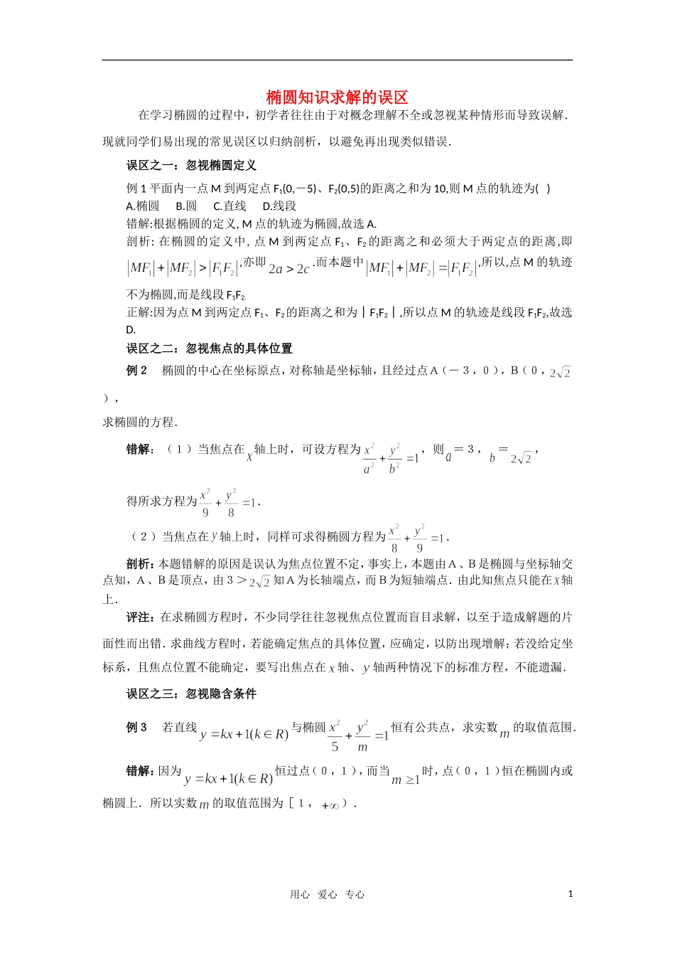 高考数学复习点拨 椭圆知识求解的误区_第1页