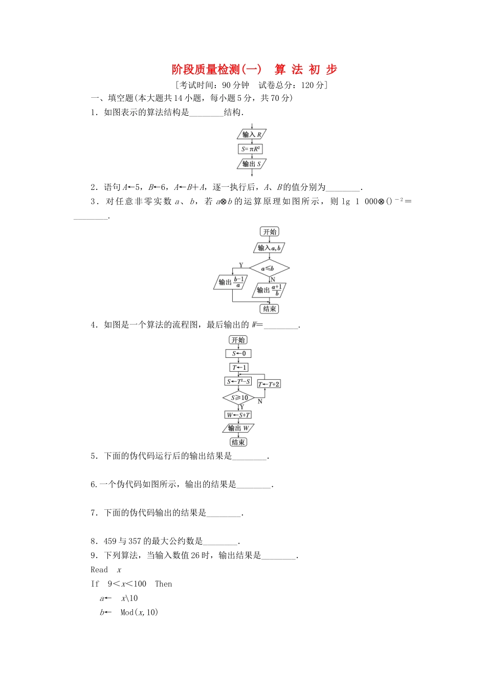 高中数学 阶段质量测试（一）算法初步 苏教版必修3-苏教版高一必修3数学试题_第1页