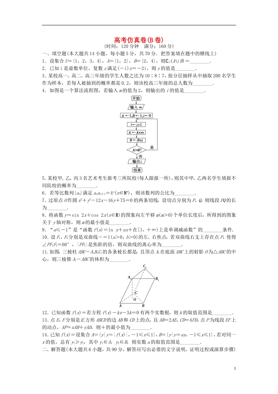 江苏省高三数学专题复习 仿真卷（2）文-人教版高三全册数学试题_第1页