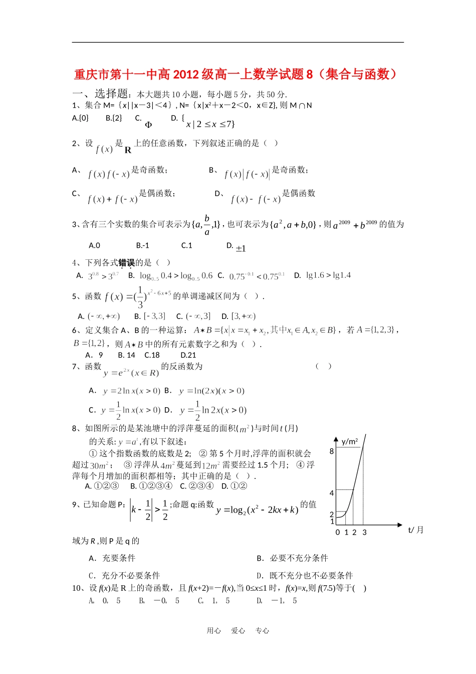 重庆市第十一中高一数学上单元测试（集合与函数）_第1页