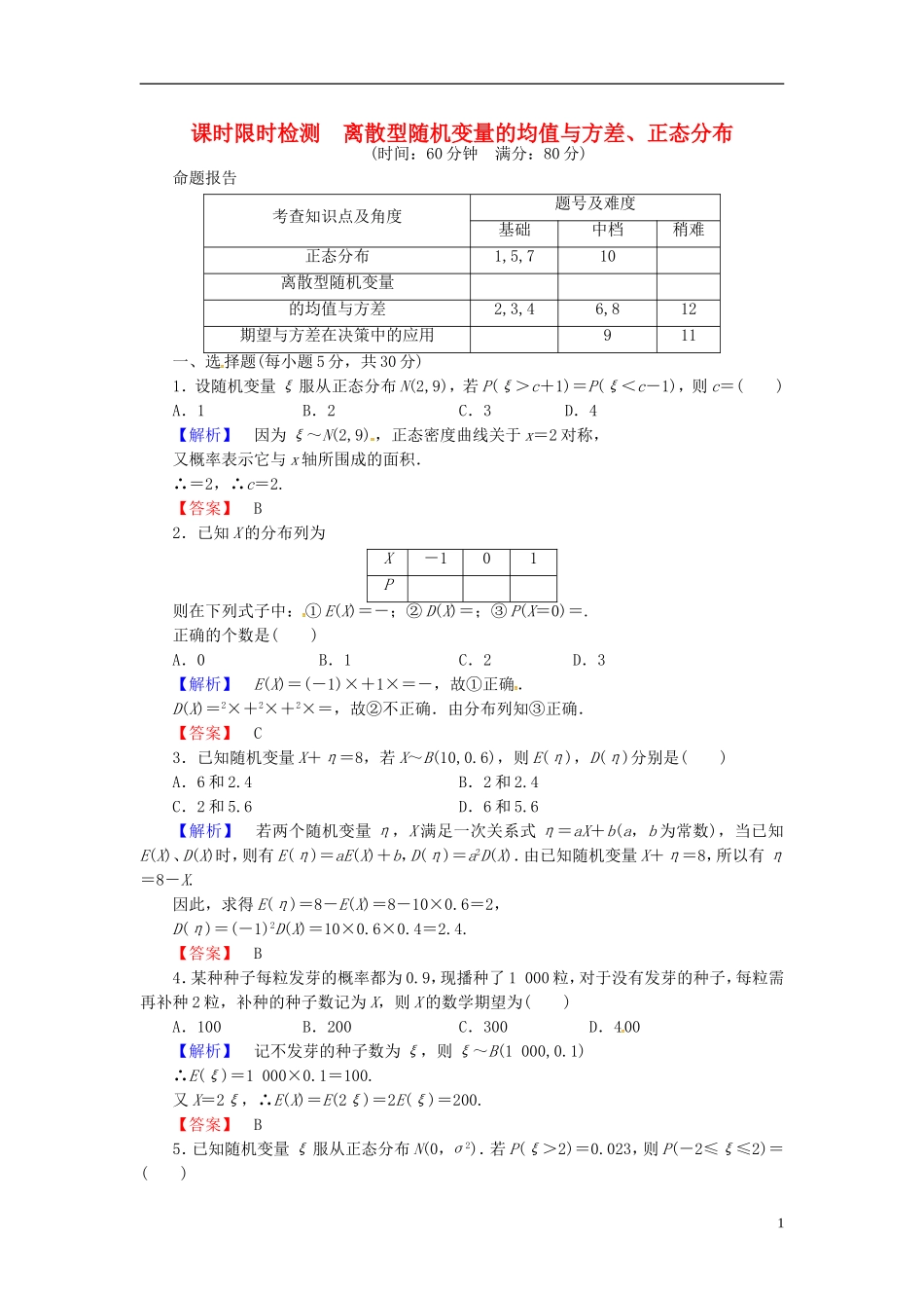 山东省济宁市高考数学一轮复习 44离散型随机变量的均值与方差、正态分布限时检测 新人教A版-新人教A版高三全册数学试题_第1页