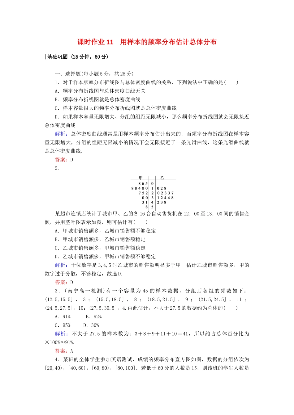 高中数学 课时作业11 第二章 统计 2.2.1 用样本的频率分布估计总体分布 新人教A版必修3-新人教A版高一必修3数学试题_第1页